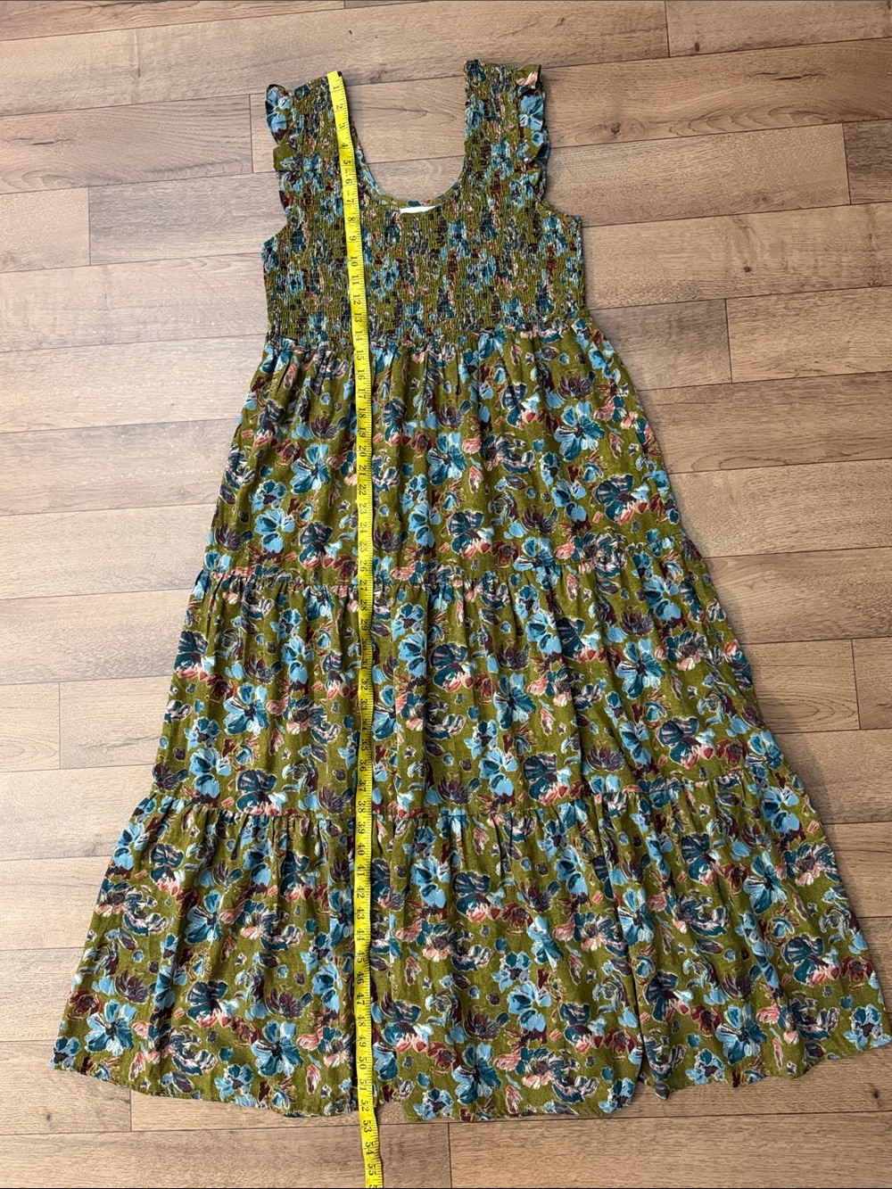 Natural Life Size Large Olivia Smocked Maxi Dress In Olive Floral Vacation Comfy - Picture 13 of 14